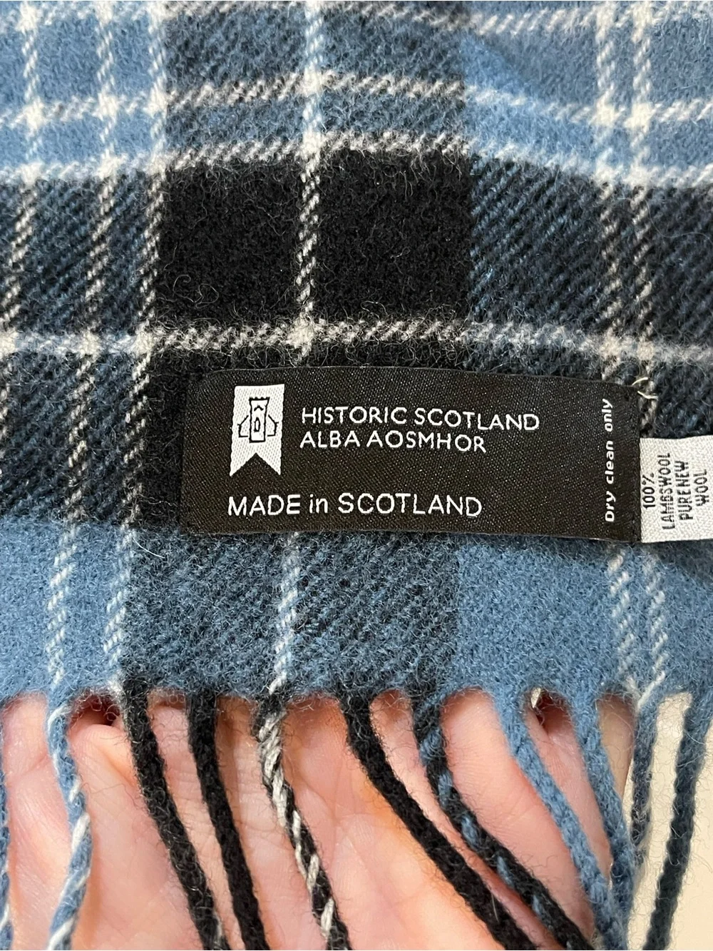 Lambswool Scarf Scotland Blue and Black Plaid Fringe